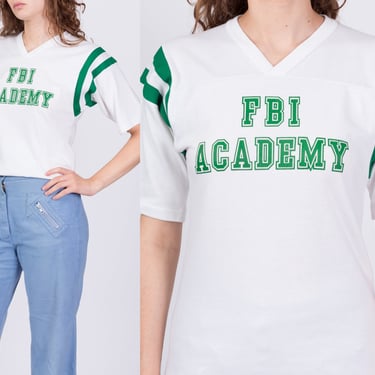 80s FBI Academy Baseball Shirt - Unisex Small | Vintage V Neck Green Striped Athletic Jersey Top 