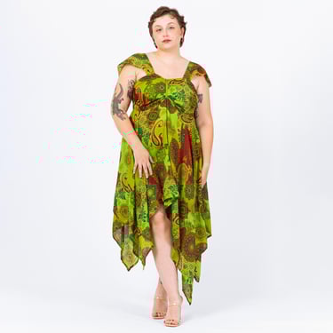 Vintage Y2K Chartreuse Green Scarf Hem Fairy Sundress - Large to XL | Boho Midaxi Floral Paisley Print Festival Handkerchief Dress 