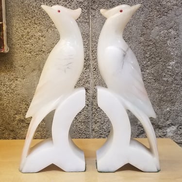 Carved Alabaster Bookends of Cockatoo Parrots 