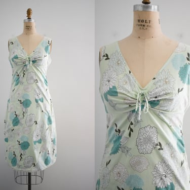 1990s Esprit Pale Green Floral Cotton Dress 