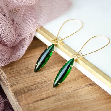 emerald green crystal earrings, green Czech glass earrings, Regency Art Deco marquise dangle drop earrings, gift for her, May birthstone 