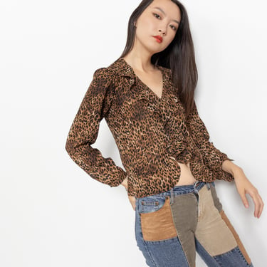 RUFFLED LEOPARD SHIRT Blouse Cropped Flowing Light Weight / Small Medium 