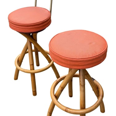Restored Pair of Rattan Barstools with Spiral Legs and Orange Cushions 
