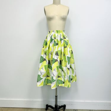 Vintage 50s Skirt | High Waisted Full Skirt with Green and Black Abstract Print | Size Small 