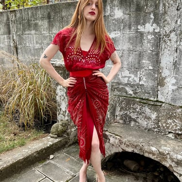1990s Zandra Rhodes Red Painted Dress 