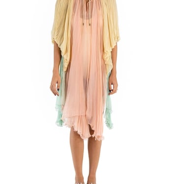 2000S Chloe Style Pink  Cream Pleated Silk Chiffon Oversized Butterfly Sleeve Dress 