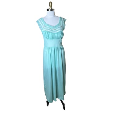 Vintage 60s Chic Lingerie Company California Aqua Nightgown Peignoir Ruffle Nylon, 36 
