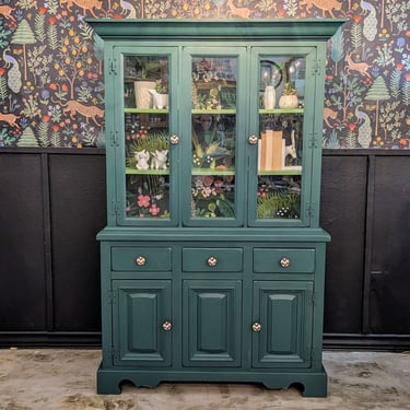 Dark Green Dining Hutch with Peacock and Floral Backing