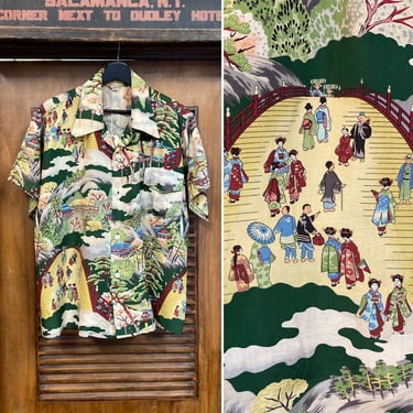 Vintage 1940’s Size L “Sun Bros.” Asian Japanese Silk Hawaiian Shirt, 40’s Loop Collar, Vintage Clothing 