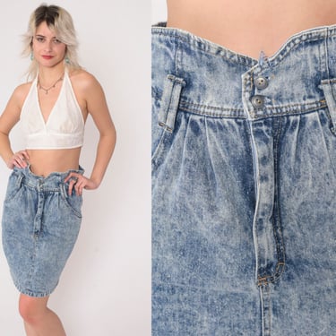 80s Acid Wash Jean Skirt Denim Mini Skirt Jeans Blue Shirred High Waisted Skirt Retro Vintage 1980s Pencil Skirt Wiggle Extra Small xs 