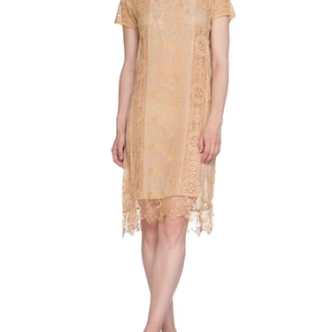 1920S Ecru Silk Chiffon & Handmade Lace Flapper Era Gatsby Tea Dress Embroided With Butterflies 