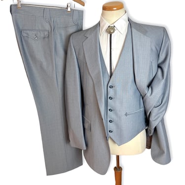 Vintage 1970s 3pc WESTERN Suit ~ 40 R ~ Jacket / Pants / Vest ~ Cowboy / Rockabilly ~ Wedding ~ 