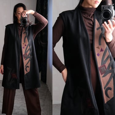 Vintage 80s BEPPA Long Black Wool Vest with Geometric Applique Design | Made in USA | 100% Wool | 1980s Designer Bohemian Folk Art Jacket 