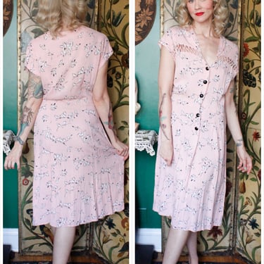 Early 1940s Dress // Love Birds Cotton Dress // vintage 40s dress 