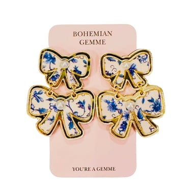 Sample Sale Blue &amp; White Floral Bow Earrings