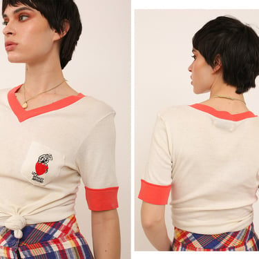 Vintage 1980s 80s Let's Monkey Around Embroidered Pocket Faded Ringer V Neckline T-Shirt 