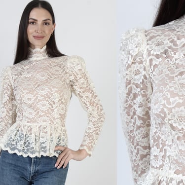 Off White Lace Victorian Blouse, Vintage See Through Top, Sheer Floral Edwardian Tunic 