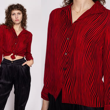 S| 90s Silk Zebra Stripe Blouse - Small | Vintage Red Black Long Sleeve Collared Button Up Top 