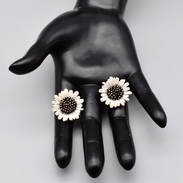 Hard to find 50's Ledo sunflower clip ons, gold plate white & black enamel mid-century floral earrings 