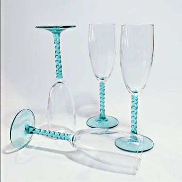 6 Vintage fluted champagne glasses with twisted aqua stem. Luminarc Angelique wedding toasting glasses, Retro postmodern stemware 