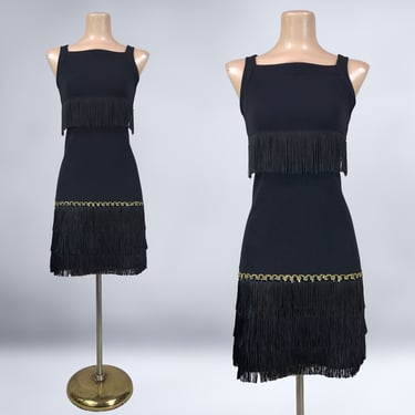 VINTAGE 80s 90s Black Fringe Mini Dress by All That Jazz Sz Medium | 1990s Square Neck Retro 20's Flapper Party Costume Dress | VFG 