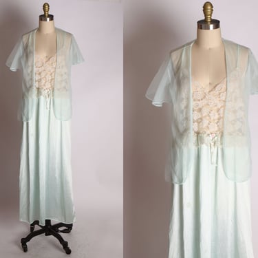 1970s Pale Ice Blue Nylon Lace Bodice Spaghetti Strap Lingerie Night Gown and Short Robe by Petra Fashions -M 