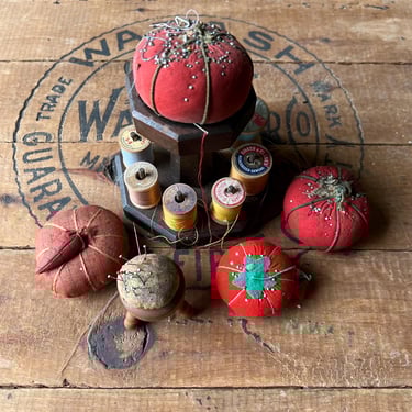 Vintage Apple Pin Cushions and Spool Stand 