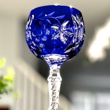 VINTAGE: Cobalt Blue Cut to Clear Crystal Hock Wine Glass - West Germany Goblet - Bohemian Glass - Handcraft - SKU 