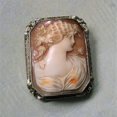 Antique Edwardian 14K White Gold Cameo Brooch Pin/Pendant, Old Carved Cameo With Woman, Antique 14k White Gold Cameo Pin (#4095) 