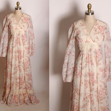 1970s Cream and Pink Long Sleeve Floral Rose Print Full Length Prairie Cottagecore Gunne Sax Style Dress -XS 