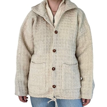 Vintage Womens Hand Knit Ecuador White Chunky Wool Fisherman Jacket Cardigan XL 
