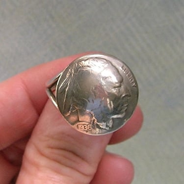 Vintage 1936 Indian Head or Buffalo Nickel Hand Made Ring, Old Indian Head Ring, Size 11 3/4 (#4265) 