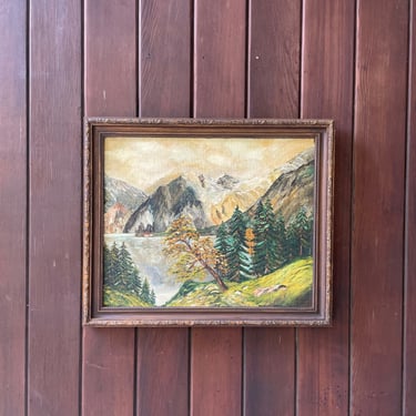 1950s  Folk Art  Mountain Scape Oil Painting Motel Amateur Mid-Century Western Woods Peaks 