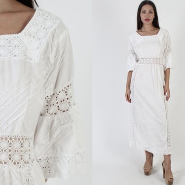 Mexican Crochet Lace Dress, Vintage 70s Ethnic Wedding Bell Sleeves, Festival Pintuck Cotton Fiesta Maxi 