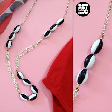 Long Op Art Vintage 60s 70s Black White Beaded Chain Necklace 