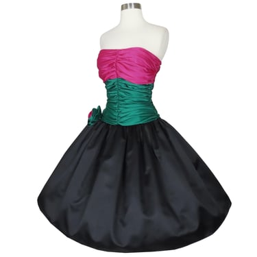 Vintage 80s 50s Pink Green Black Strapless Prom Party Dress XS Extra Small Satin Ruched Full Skirt Swing Dance Formal Costume 