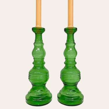Vintage Candlestick Holders Retro 1970s Mid Century Modern + Cevin + Green Glass + Set of 2 + Taper Candle Holder + Home Decor + Decoration 