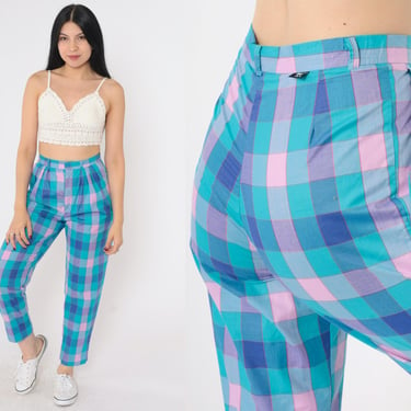 90s Plaid Pants Turquoise Purple Blue Checkered Trousers Pleated Tapered High Waisted Pastel Preppy 1990s Vintage Palmetto's Extra Small xs 