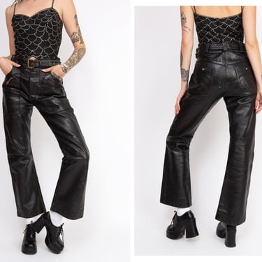 Vintage 1970s 70s Jet Black Leather High Waisted Kick Flare Pants w/ Matching Belt Satin Lining Zipped Pockets 