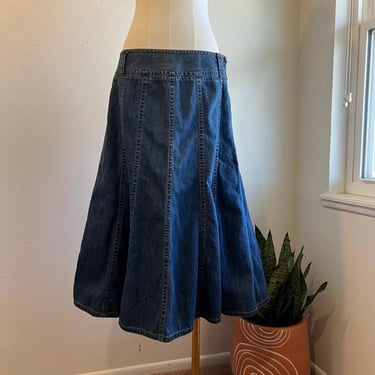 Liz Claiborne 90s Blue Cotton Denim Vertical Stitched Midi Skirt Size 10 