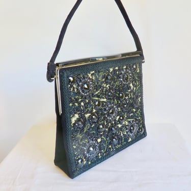 1960's Black Chartreuse Beaded Floral Brocade and Wool Large Structured Purse Caron of Houston Texas 60's Fall Winter Handbags Top Handle 