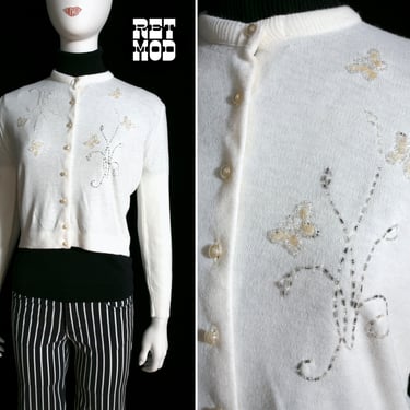 Lovely Soft Vintage 50s 60s White Cardigan with Beaded & Sequin Butterflies 