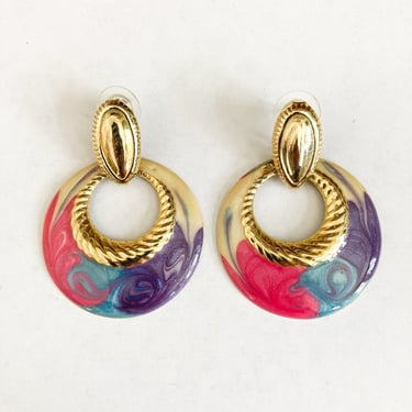 80s Big Gold Enamel Marbled Pink Turquoise Purple Pierced Earrings 