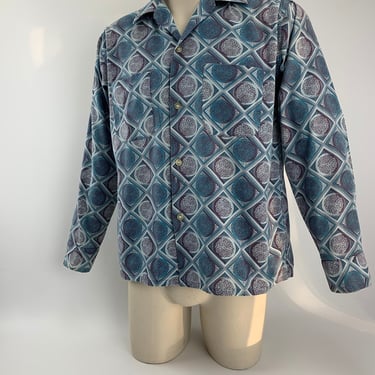 1960's Printed Shirt - All Cotton - SAN DIEGO Men's Apparel - Interesting Blue Tonal Pattern - Patch Pockets - Men's Size Medium 