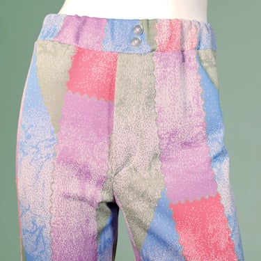 1960s vintage abstract pants novelty polyester double knit pastels mod bell bottoms (26 - 28 x 30) 