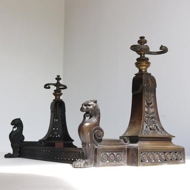 Antique 3-Piece Fireplace Fender Set Andirons with Lion/ Griffin Figures, Tool Holders late 19th to early 20th century Hearth Decor 