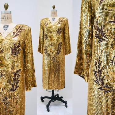 70s 80s Vintage Gold Sequin Dress Vintage Gold Metallic Dress medium large // Sequin Dress Flapper Inspired Cher Dress 80s Glam 