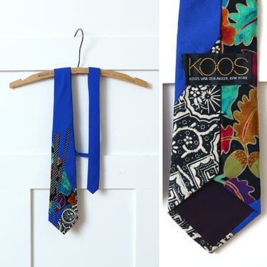 vintage 1980s abstract KOOS van den akker tie • electric blue silk & linen quilted patchwork necktie 