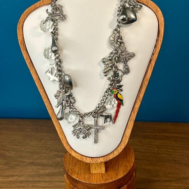 Vintage Charm Necklace Silver Tone Cross Heart Parrot Lion Crab Scale Retro 