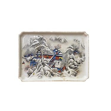 Distressed Off White Porcelain Snow Trees House Rectangular Display Plate ws3197E 